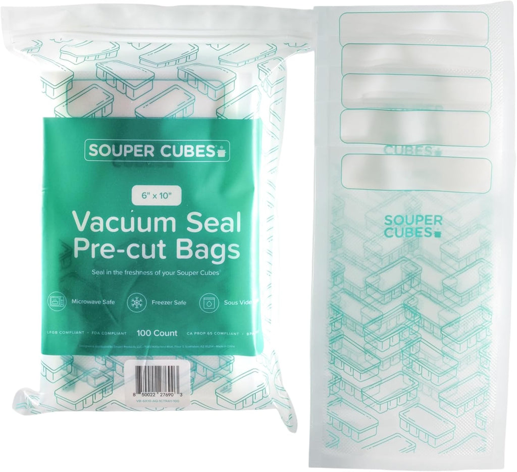 Souper Cubes Pint Vacuum Sealer Bags - 100-Count BPA-Free Precut for Meal Prep & Freezing | 6” x 10”