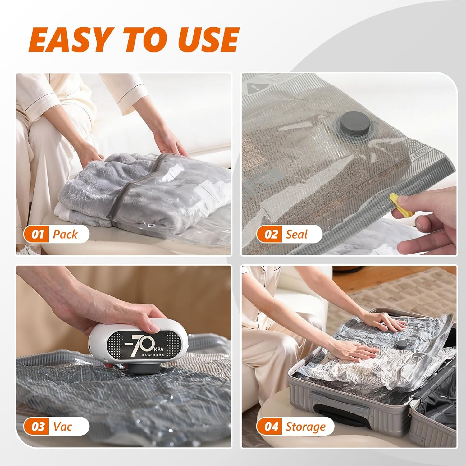 Skiennix Travel Vacuum Bags - 15 Pack with Wireless Pump & -70KPa Suction for Maximum Compression