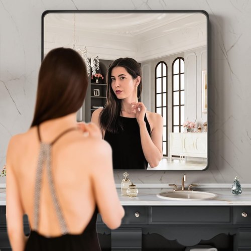 LOAAO Black Metal Framed Bathroom Mirror - 40x38 Inch Matte Black Vanity Mirror | Anti-Rust, Tempered Glass, Versatile Hanging Options