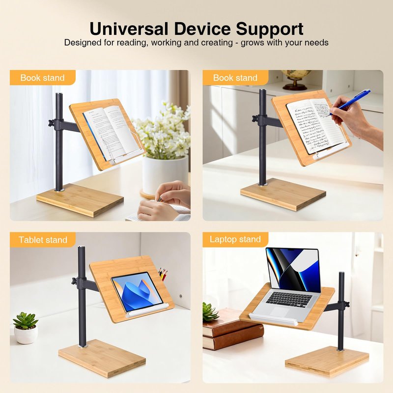 Extral Large Size Book Stand Height Adjustable, wishacc Upright Bamboo Wood Book Stand Cookbook Holder for Reading Hands Free