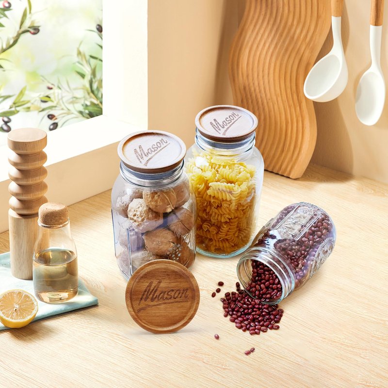 12 Pack Acacia Wood Wide Mouth Mason Jar Lids Reusable Canning Lids for Jar Tops Large Mouth Silicone Jars Accessories Decorative Glass Jar with Wooden Lid Can Cover Mason Jar Storage Organizer