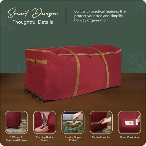 Covermates Keepsakes Christmas Tree Storage Bag - Heavy-Duty Rolling Design with Wheels & Reinforced Handles - Durable Red Holiday Solution