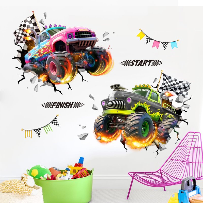 Tanlaby 3D Racing Car Wall Decals Monster Truck Break Through Wall Sticker Peel and Stick Decal for Baby Boys Kids Bedroom Nursery Playroom Decor