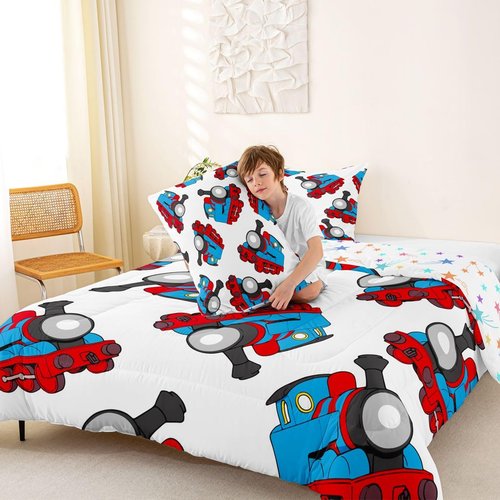 Feelyou Train Bedding Set Kids Cartoon Car Comforter Set Boys Girls Train Travel Decor Comforter Microfiber Construction Red Blue Duvet Bedroom Quilt Twin Size with 1 Pillow Case