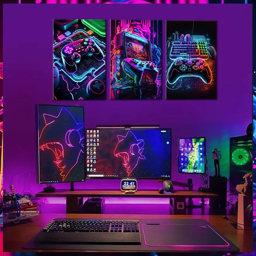 BGFCE Game Room Decor - Set of 3 Neon Gaming Canvas Posters | 12x16 Inch Unframed Art for Boys' Bedrooms