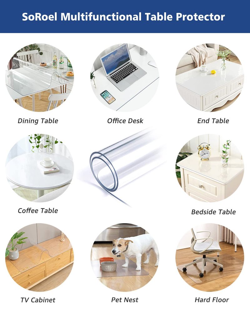 Soroel 48X84 Inch Crystal Clear Dining Table Cover 1.5mm Thick Vinyl Plastic Tablecloths Protector Office Desk Pad Mat Waterproof Transparent Wooden Furniture Topper Protective Cover Chair Floor Mats