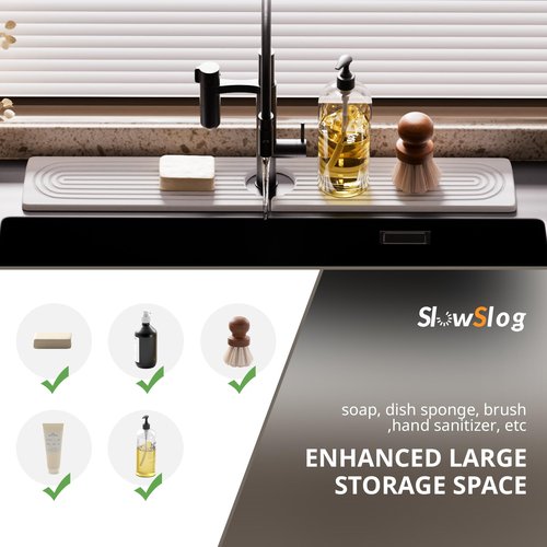 Slow Slog Quick Dry Sink Splash Guard - Extended 23.6" Instant Dry Stone Sink Tray for Kitchen and Bathroom Faucets - Durable Diatomaceous Earth Faucet Mat for Countertops, White