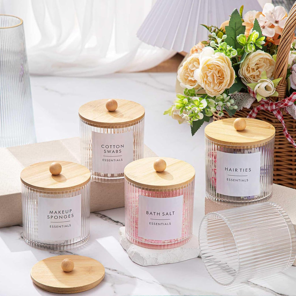 Yaomiao 6 Pcs Ribbed Bathroom Canisters - Stylish Apothecary Jars with Bamboo Lids & Labels | 18 oz Storage for Cotton Balls, Swabs, Floss Picks
