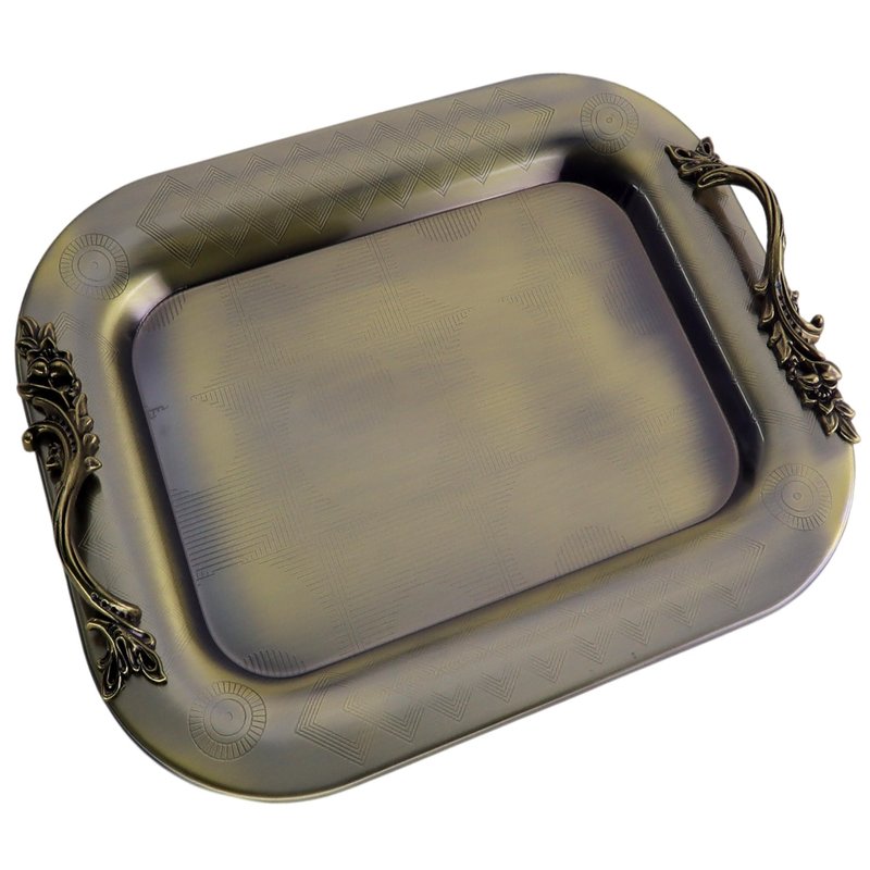 Maro Megastore 15.7 inch x 12.2 inch Oblong Iron Bronze Plated Serving Tray with Handles Stylish Design Floral Engraved Edge Decorative Party Wedding Dessert Buffet Wine Platter Plate FST-075