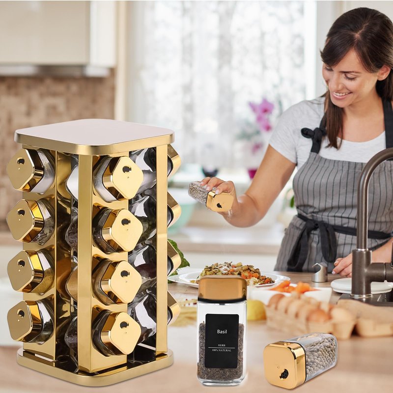 THYEUISM Kitchen stainless steel spice rack with 16 food grade glass cans-275 spice label-rotating vertical bracket and countertop seasoning rack cabinet tower storage rack (golden, 16)