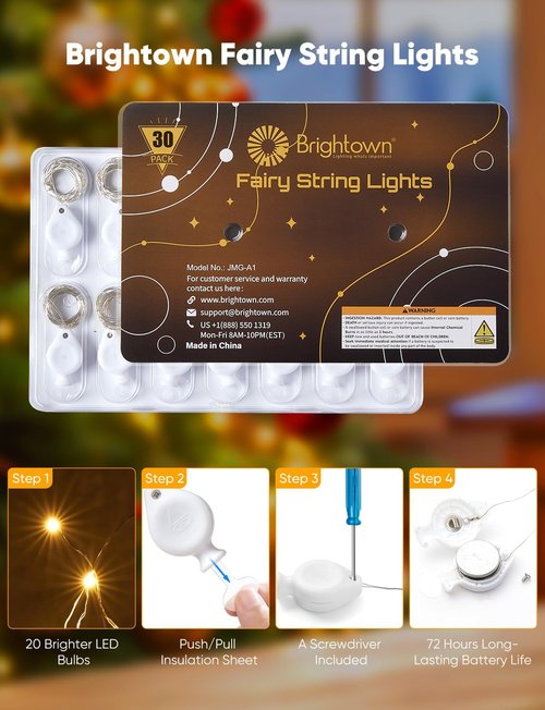 Brightown LED Fairy Lights - 30 Pack Battery Operated 7ft Waterproof Silver Wire String Lights | Perfect for Mason Jars, Weddings & Parties