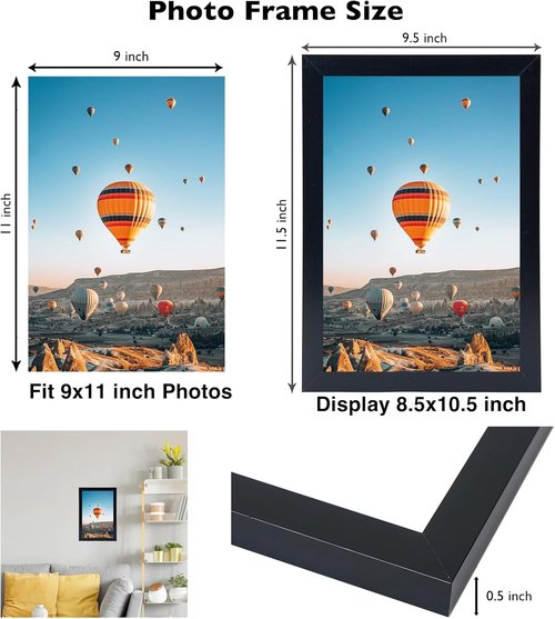 JCJMY 9x11 Picture Frame - Black Wall Mount & Tabletop Display with Shatter-Resistant Plexiglass