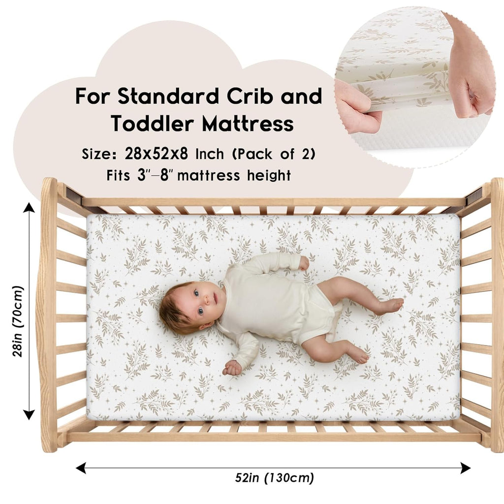 Yoofoss Fitted Baby Crib Sheets - Super Soft Microfiber 2-Pack for Standard Crib & Toddler Mattress | Brown & Leaf 28x52x8in