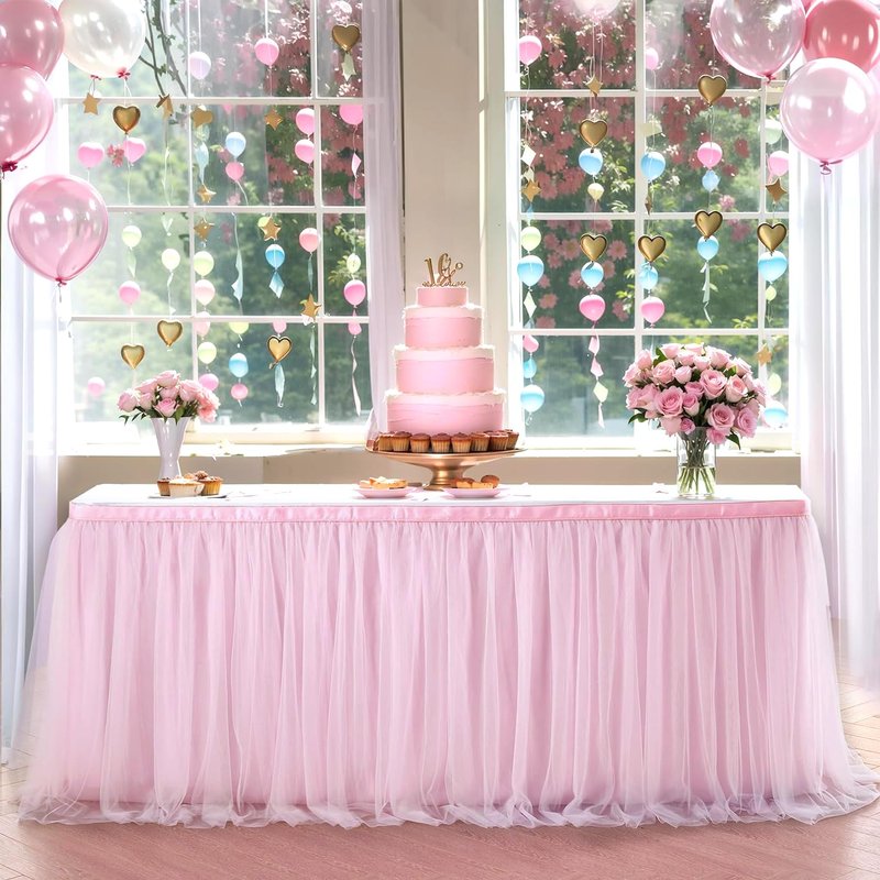 132in Baby Pink Tulle Table Skirts for Rectangle Tables 6ft 8ft, 2-Layer 11 ft Long Gold Grim Princess Pink Ruffle Tulle Tutu Table Skirt Cloth for Girl Birthday Baby Cake Dessert(No Table Cover)