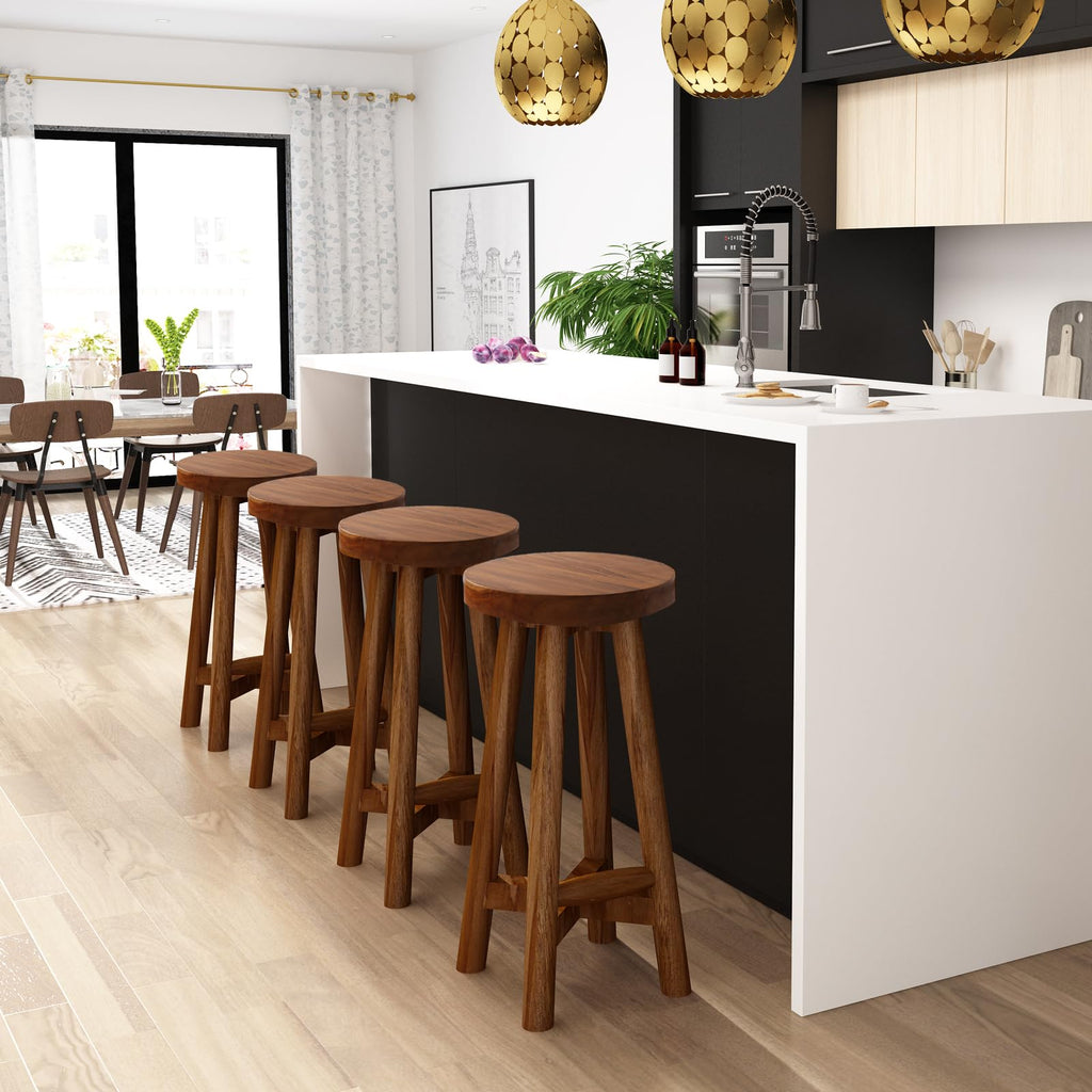 JOLLYMER Solid Teak Wood Barstool with Round Seat for Kitchen Counter, Home Bar Furniture, 24-Inch Height