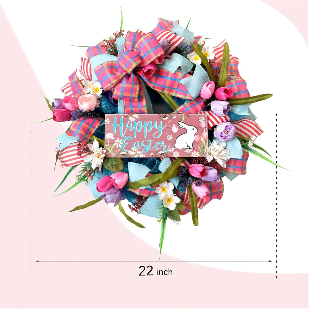 Skiennix 22-Inch Easter Bunny Wreath - Spring Decor with Pink Tulips & Flowers for Indoor/Outdoor Use