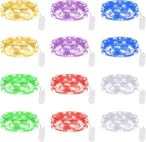 Lakumu 12-Pack Fairy Lights | 7FT Battery Operated Waterproof Silver Wire LED String Lights for DIY Decor