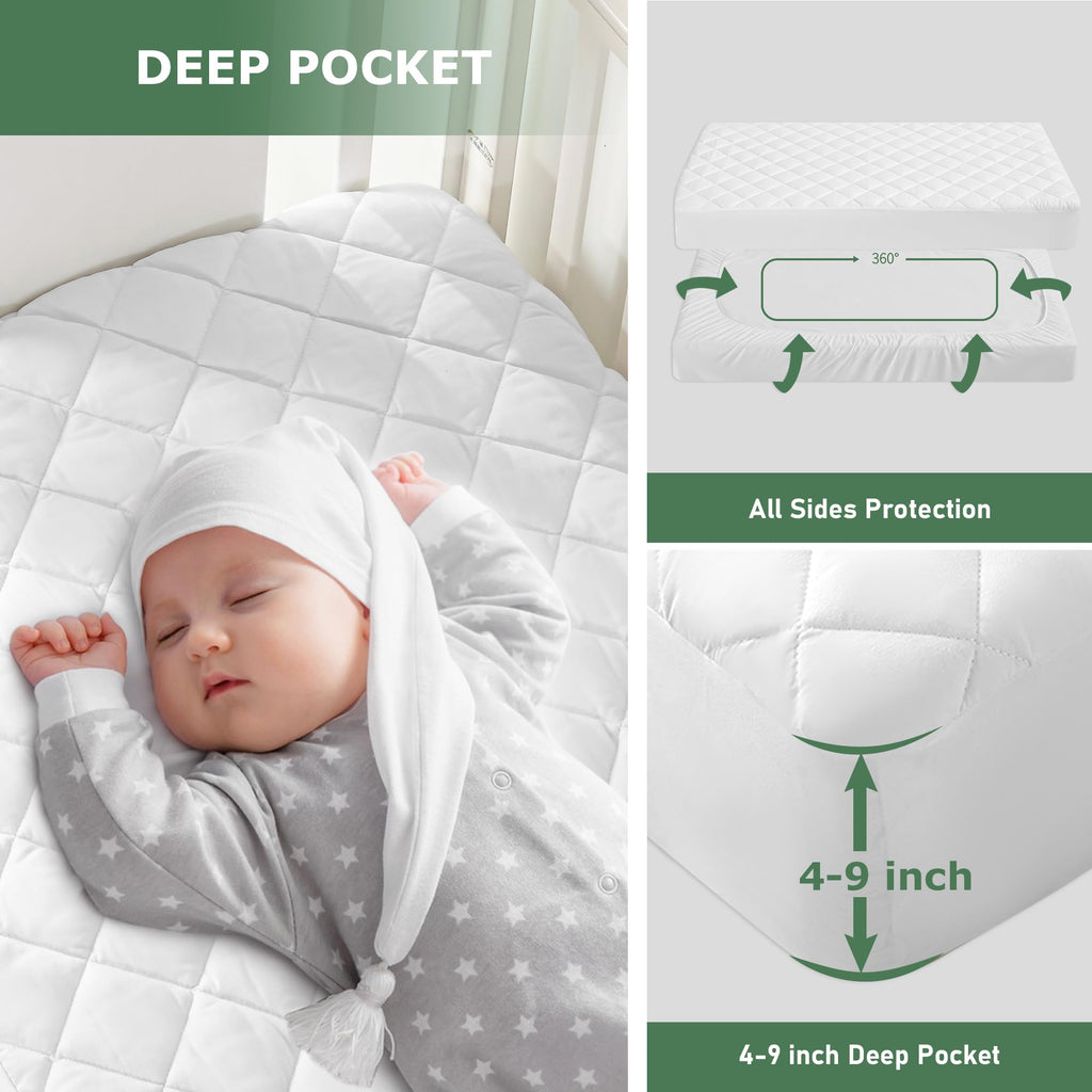 GRT 2 Pack Waterproof Crib Mattress Protector Rayon Made from Bamboo,Quilted Baby Mattress Pad Fitted Deep Pocket from 4" up to 9", Extra Breathable & Noiseless Toddler Mattress Cover 52"x28", White