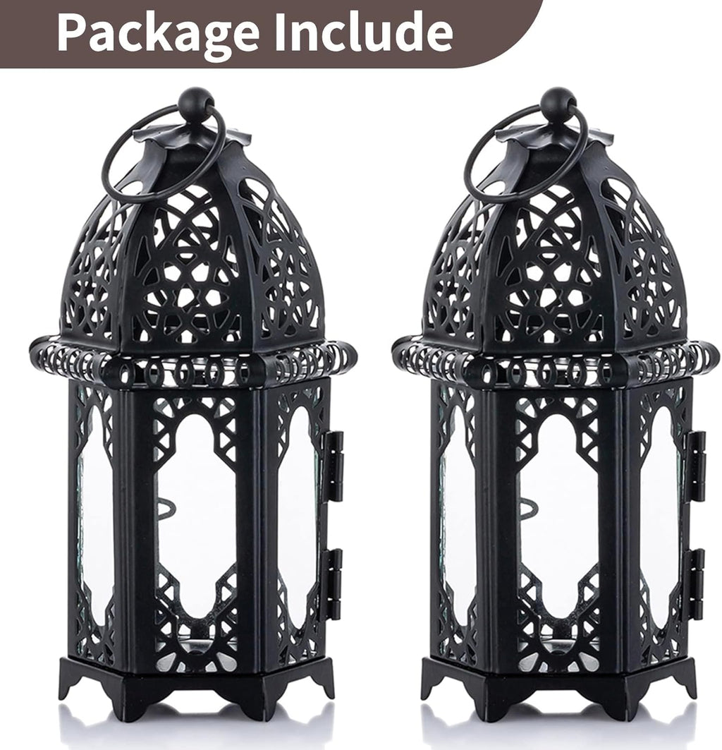 NUPTIO Moroccan Style Candle Lanterns - Small Tealight Holders with Glass Panels | Perfect for Events, Weddings & Patio Decor (2 Pcs, Black)