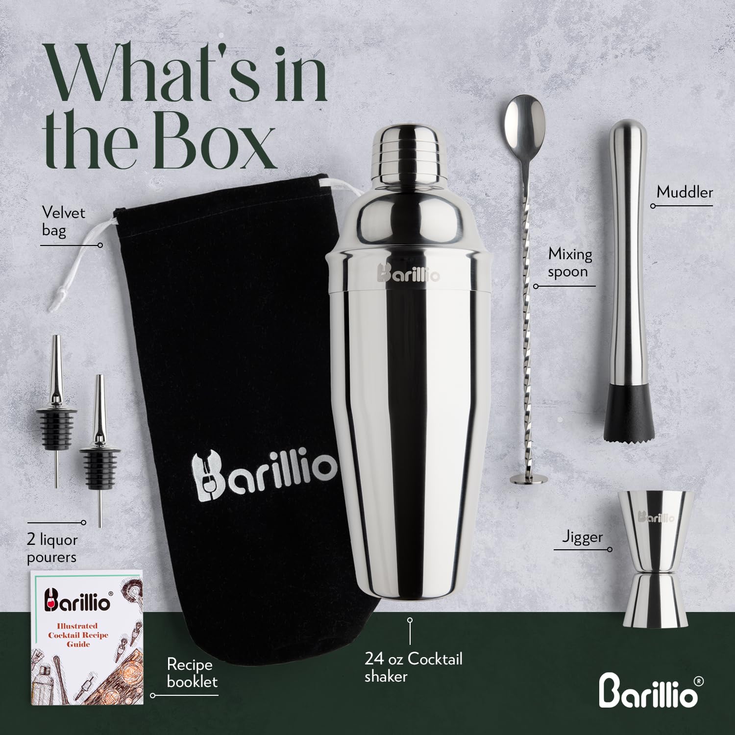 Barillio Mixology Bartender Kit - 8 pcs Stainless Steel Travel Cocktail Shaker Set with Bag - Bar Tools Set with Martini Shaker, Drink Mixer Spoon & Mojito Muddler for Cocktails, Pourers & Jigger