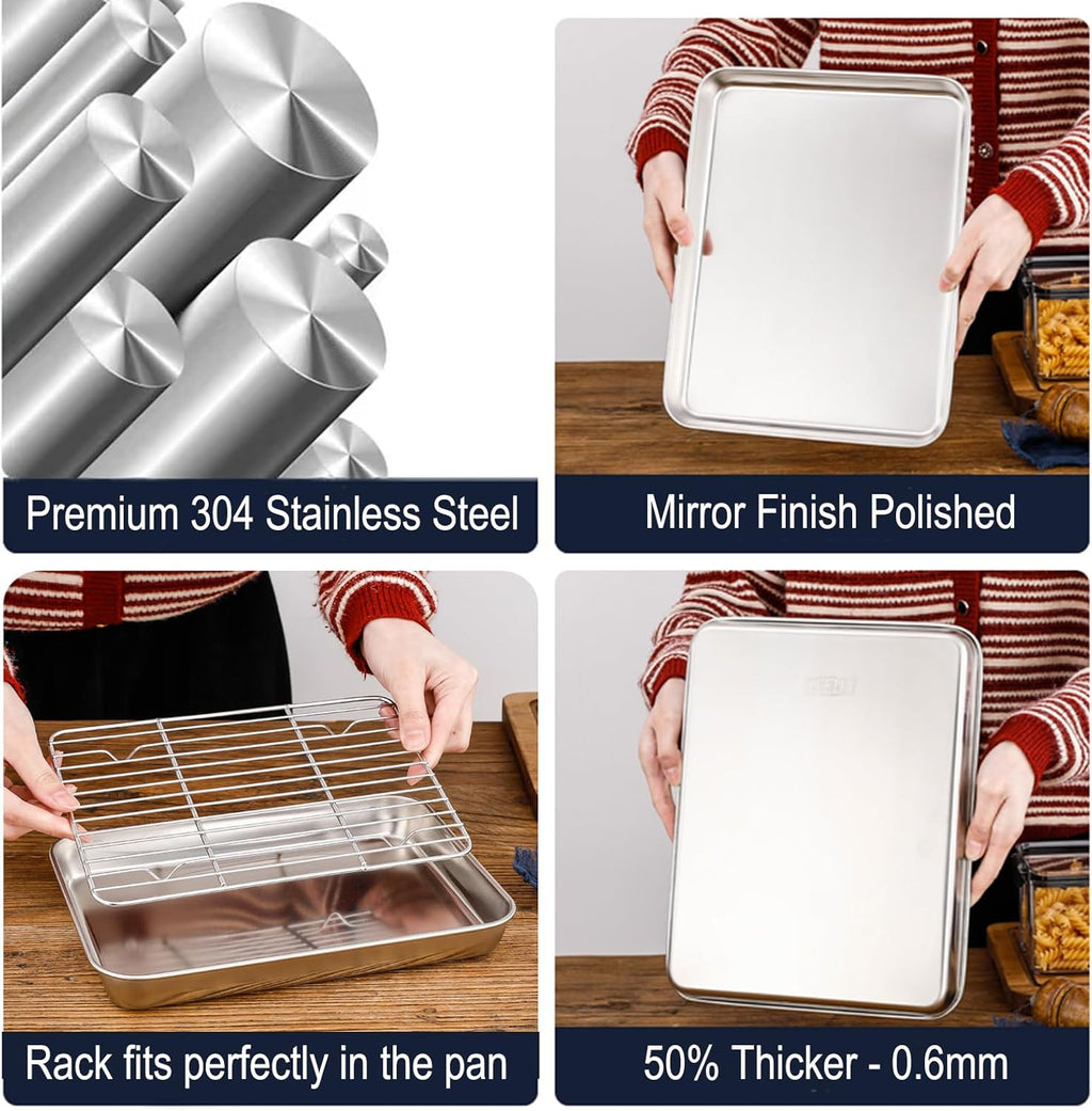Skiennix Extra Small Serving Trays Set - Stainless Steel 304 Baking Sheet Pans with Cooling Racks | 9.3 x 6.9 Inch, Dishwasher Safe for 1-2 People