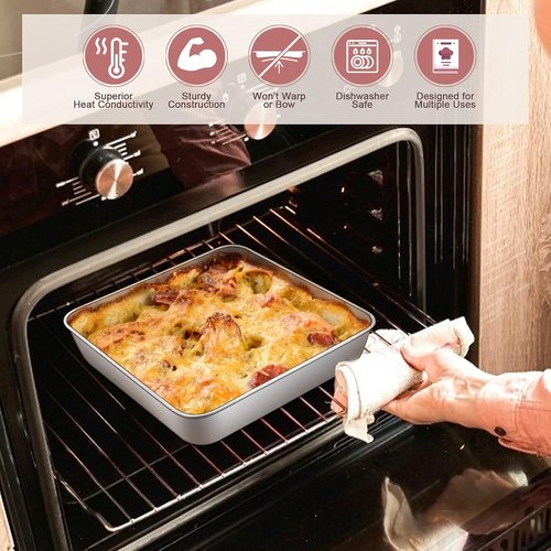 E-far 9-Inch Square Cake Pan Set - Non-Toxic Stainless Steel Bakeware with Lids | Easy Clean & Dishwasher Safe - 4 Pieces