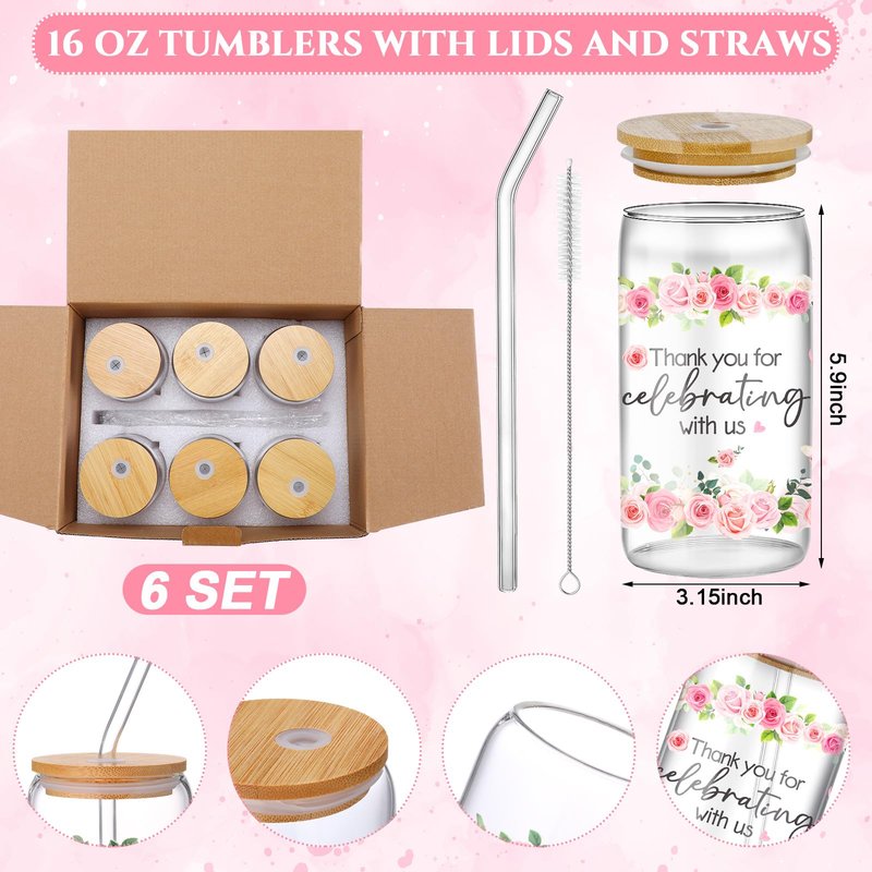 Boao 6 Set Baby Shower Game Prizes for Player Winners Tumblers with Lids Straws Mirrors Hair Scrunchies Pens Hair Clips Gift Bags for Baby Bridal Shower Wedding Game Favors(Pink Flower)