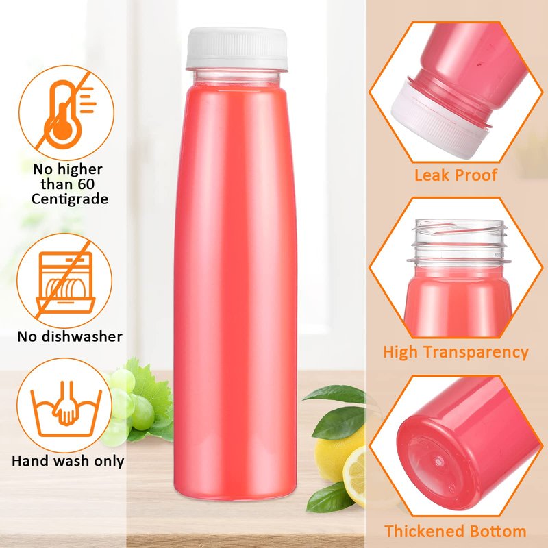 Tanlade 100 Pcs Plastic Juice Bottles with Caps Refrigerator Drink Container with Lid Clear Reusable Beverages Bottles for Juices, Milk, Tea, Fridge Storage, Take out (White Cap,10 oz)