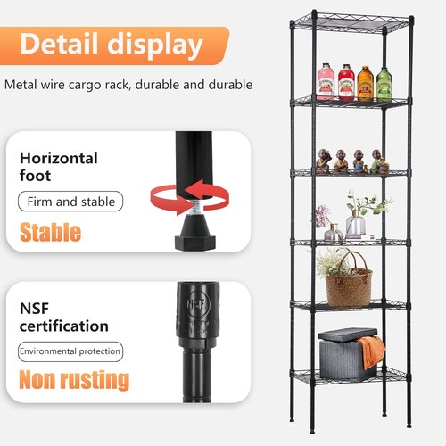 FDW 6-Tier Wire Shelving Unit - Adjustable Metal Pantry Storage Rack for Kitchen & Garage | Black 17"L x 12"W x 64"H