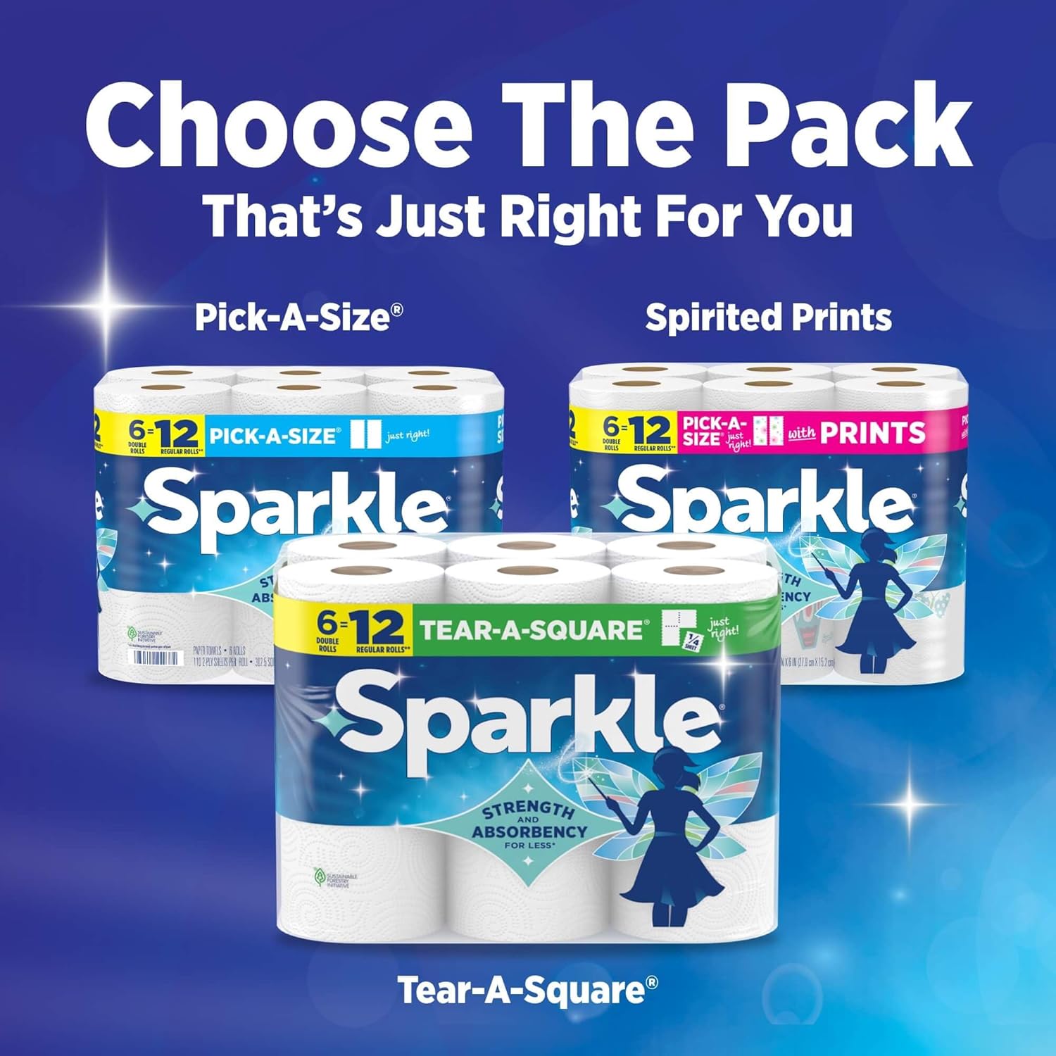 Sparkle Tear-A-Square Paper Towels - 12 Double Rolls of Strong 2-Ply for Kitchen Cleanup