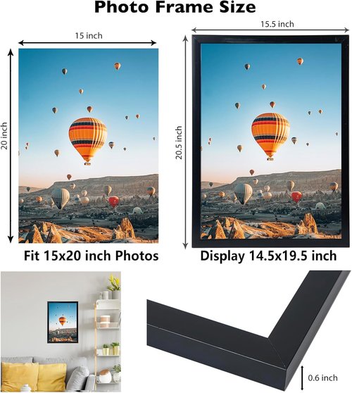 JCJMY 15x20 Picture Frame - Black Gallery Frame for Photos & Posters | Horizontal & Vertical Display