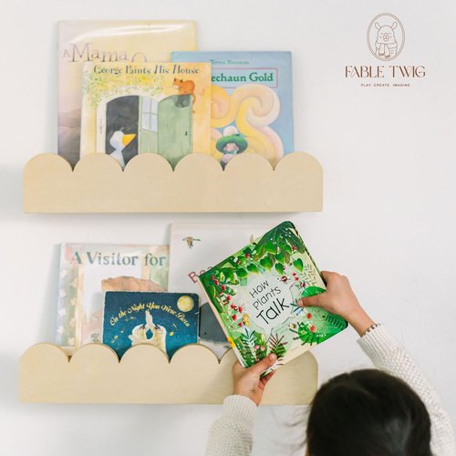 Fable Twig Floating Nursery Book Shelves with Scalloped Edges - Wooden Montessori Hanging Bookshelves for Kids Rooms - Toddler Wall Mounted Bookshelf Rack for Bedroom, Playroom, Classroom - Set of 2