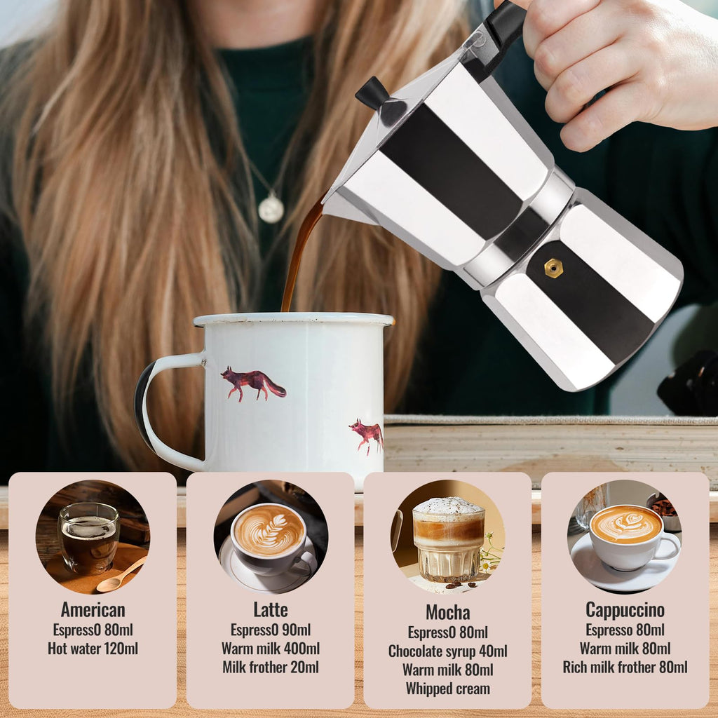 Vaolvpant 2 Cup Aluminum Moka Pot Classic Stovetop Espresso Coffee Maker 100ml 3.4oz Coffeemaker Percolator Mocha Pot Greca Coffee Maker Cafe Makers for Italian and Cuban Café Brewing Silver