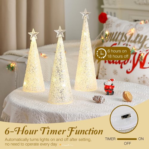 Lewondr LED Glass Christmas Tree Tabletop Lamps - Warm Yellow Light, 3 PCS with Timer for Holiday Decor