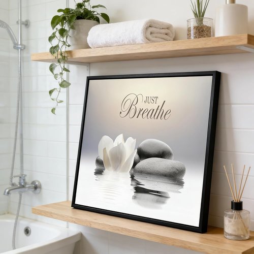 MKCIPJWC Zen Stone Wall Art - Just Breathe Yoga Quotes Canvas Print | Black Framed 12x16 Inch