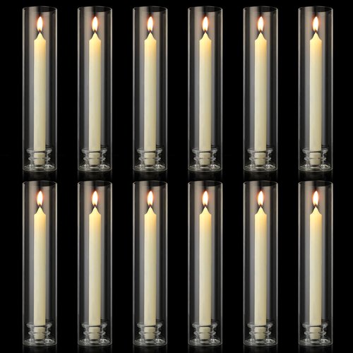 12 Sets Modern Candle Stand with Chimney Cover Taper Candle Holders Glass Hurricane Candle Holder for Tapered Candles 12inch Large Crystal Candlestick Holder Stand with Cylinder Sleeves for Wedding