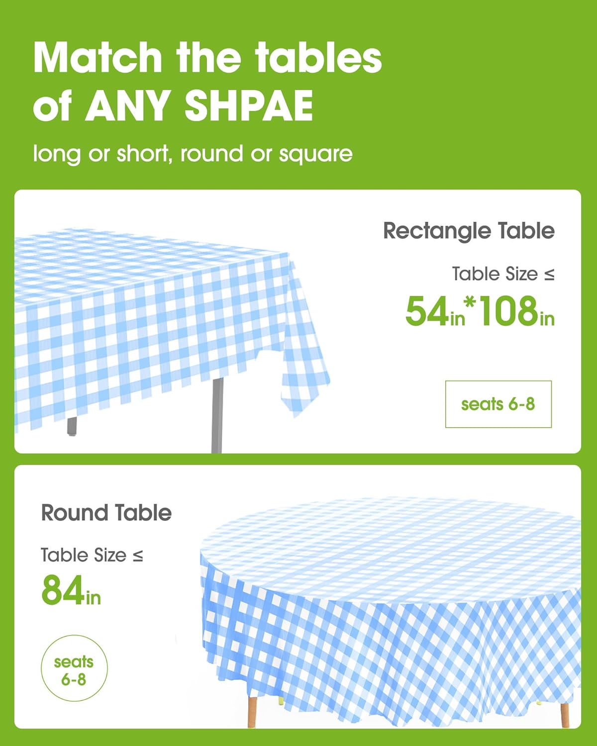 Pureegg Disposable Table Cloths - 8 Pack of 54 x 108 Inch Blue Gingham Rectangle Covers | Leakproof & Sturdy