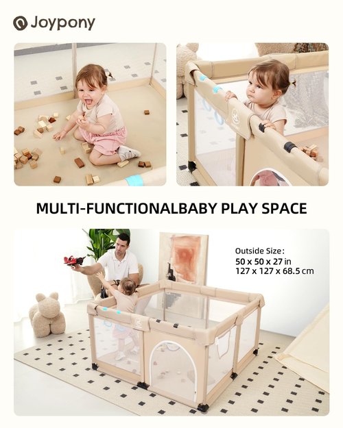 Joypony Baby Playpen - 50x50 Inch Safe Play Yard for Babies & Toddlers | Soft Mesh Design (Beige)