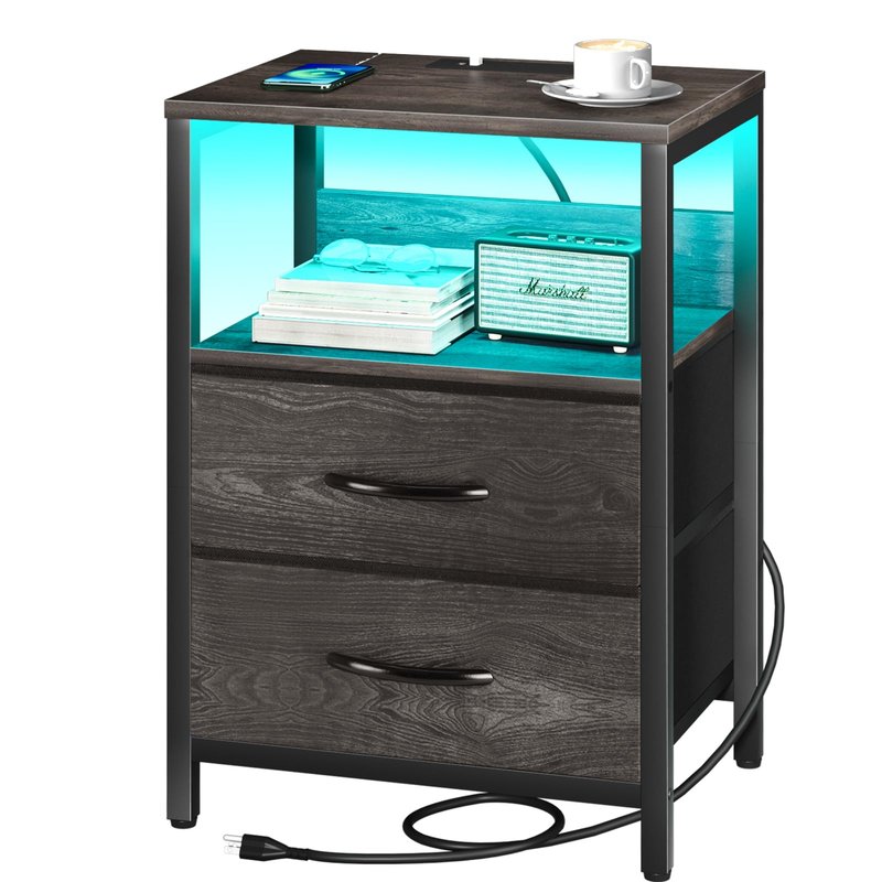 Yoobure Nightstand with Charging Station, LED Night Stand with Fabric Drawers and Storage Shelf for Bedroom, Nightstands Bedside Tables with USB Ports & Outlets, Small Night Stands, Bed Side Table