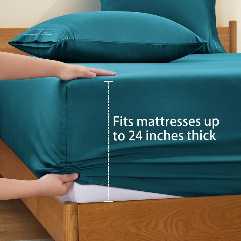 SiinvdaBZX Extra Deep Pocket Queen Sheets Set - Fits Mattress Up to 24 Inches Thick - 4 Piece Teal Deep Pocket Sheets for Air Mattress - Soft 1800 Thread Count Fitted Sheet with Side Pocket