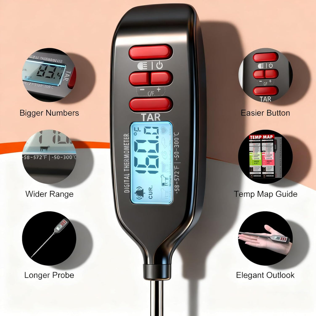 Antonki Digital Meat Thermometer - Instant Read Cooking Thermometer with Long Probe & Backlit Display