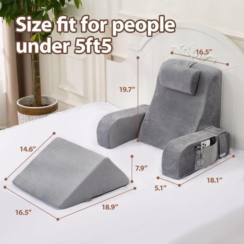 NIAOMAOGOU Reading Pillow for Sitting in Bed Adult, Back Pillow for Sitting Up in Bed with Arm Rest and Knee Rest, Suitable for Gaming,Watching TV on Floor, 19in 5Pcs, Grey