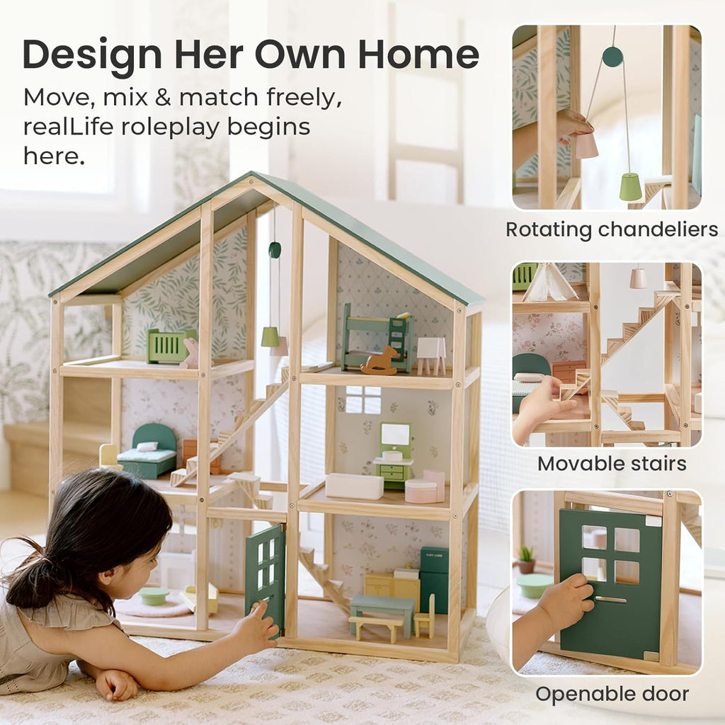 Tiny Land Wooden Dollhouse - 6 Rooms DIY Dollhouse with 31 Furniture Accessories | Creative Gift for Girls Ages 3+
