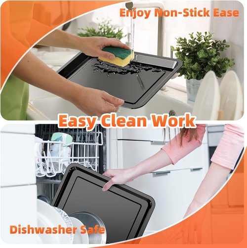 DEGOVIN Air Fryer Pans - Non-Stick Stainless Steel Crisper Tray with Cooking Guide & 30 Parchment Papers | 15.8" × 11" - Black