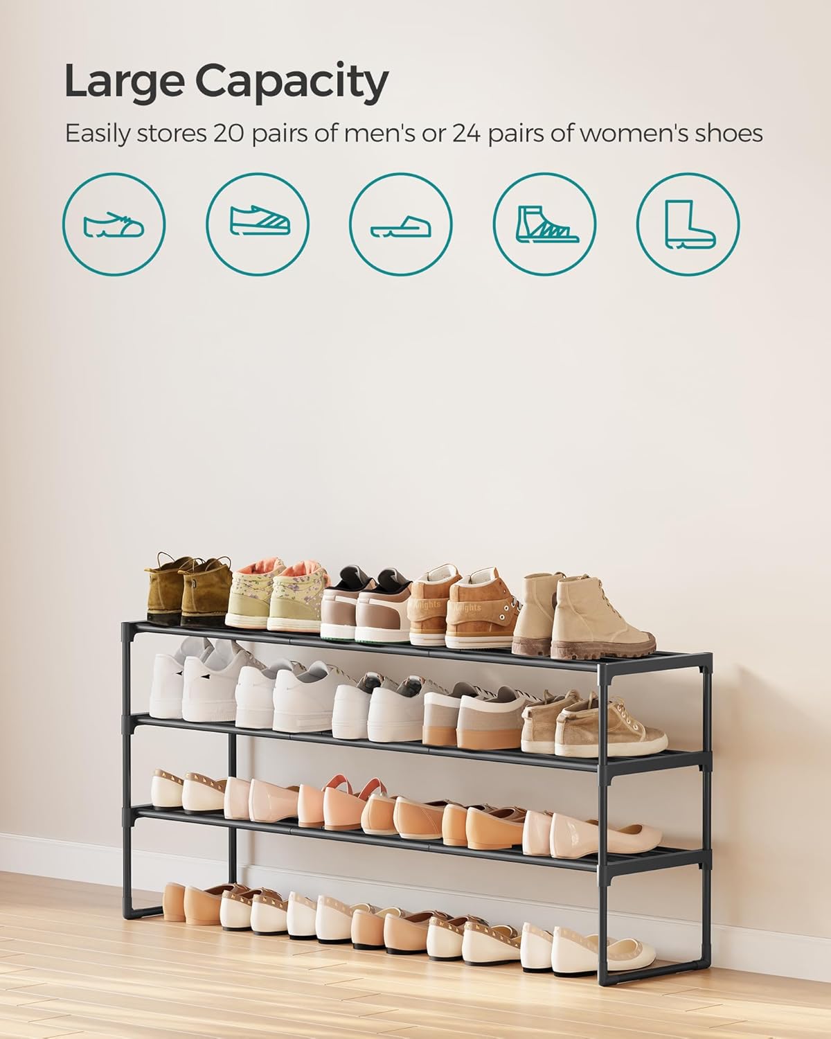 SONGMICS Shoe Rack - 3-Tier Metal Organizer for 20-24 Pairs | Stackable & Versatile Design, Black 11.8 x 46.1 x 21.7 Inches