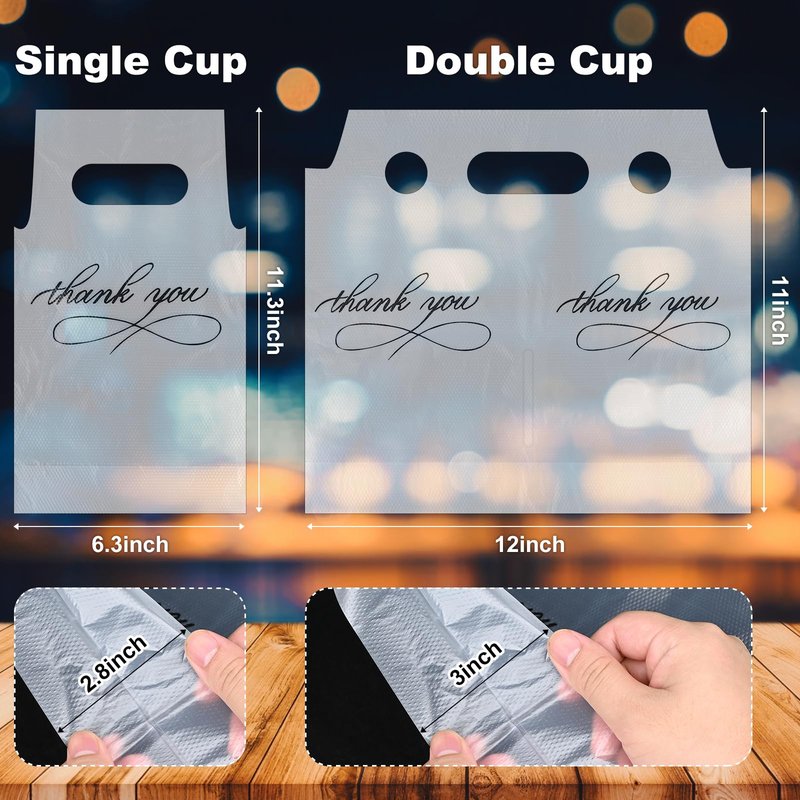 MJOGGOTT 500 Pack Clear Plastic Drinking Bags, Cup Carrier with Handle, Thank You Disposable Cup Holder for Drinks Beverage, Coffee, Juice, Stores, Bar Restaurant Take Out, Hold 1 and 2 Cups