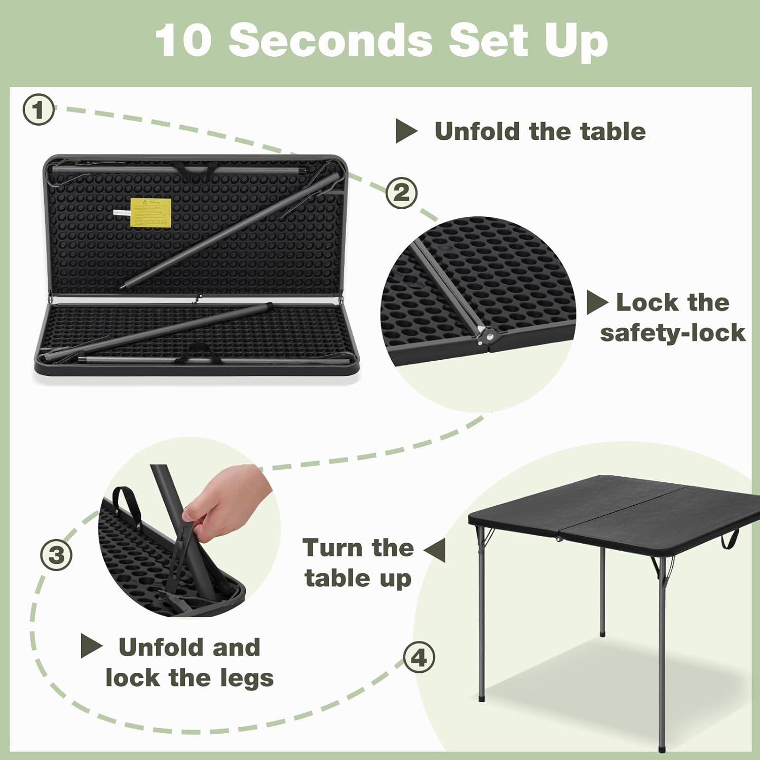 Regine Folding Table - 34" Square Portable Table for 4, 330lbs Capacity, Heavy-Duty Steel Legs, Black