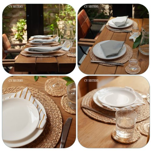 CY SISTERS Round Woven Placemats Set of 6 with 6 Coasters Natural Water Hyacinth Place Mats, 13.5 Inch Rattan Placemats Wicker Farmhouse Boho Straw Heat Resistant Outdoor Placemats Patio Table Mats