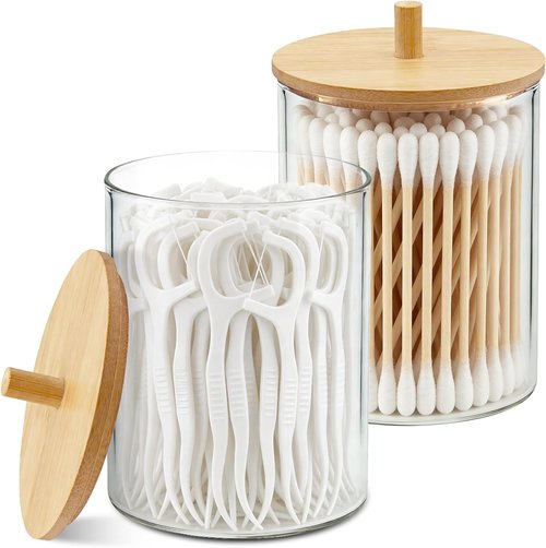 Glass Qtip Holder Dispenser Set - 10oz Cotton Swab & Bamboo Lid Canisters | Bathroom Vanity Storage (2 Pack)