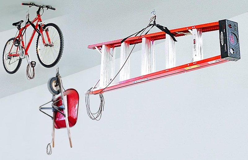 HARKEN Hoister - Overhead Garage Storage 1 Point Hoist System for Bikes, Ladders (45lb Capacity, 10ft Ceiling) Space-Saving Organization, Easy One-Person Operation, Safe Anti-Drop, Self-Leveling, 7800